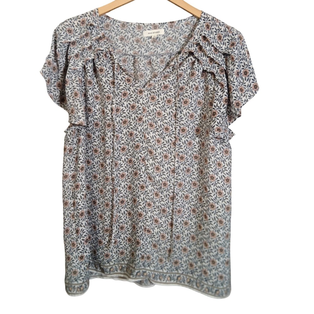 MAX STUDIO Women's Floral‎ Print V Neck Ruffle Short Sleeve Top Size L